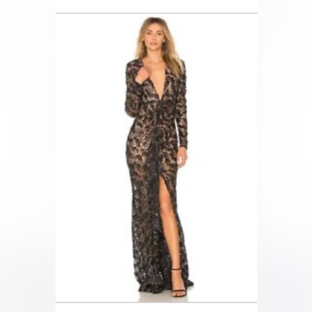 NWT - NBD Black Sequin Deep Vneck Ice Melts Maxi Dress Gown - size Small